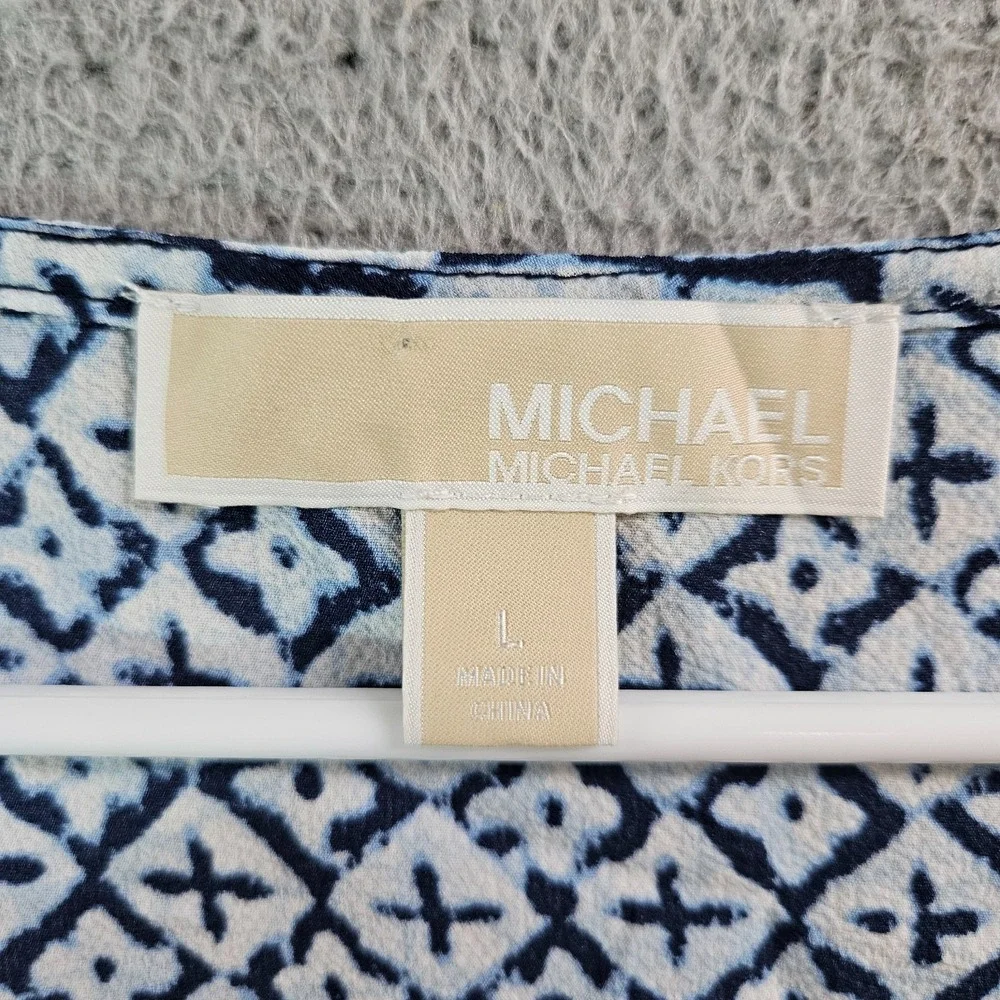 Michael Kors Wrap Top Women Large Geometric Print‎ Ruffle Sleeve Blue White